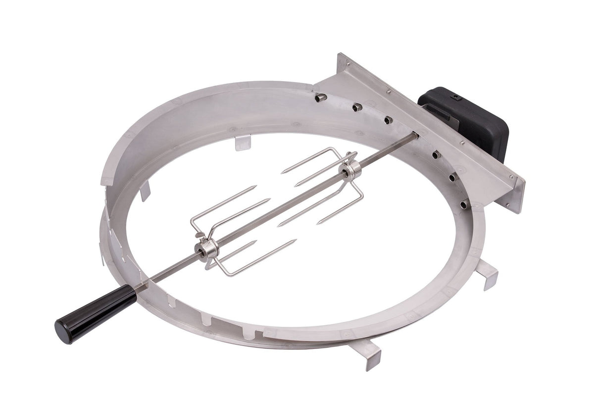 Monolith Classic Rotisserie - FireFly Barbecue accessory showing motorized ring and spit rod with meat forks. Durable stainless steel design for kamado grills.
