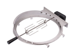 Monolith Classic Rotisserie - FireFly Barbecue accessory showing motorized ring and spit rod with meat forks. Durable stainless steel design for kamado grills.