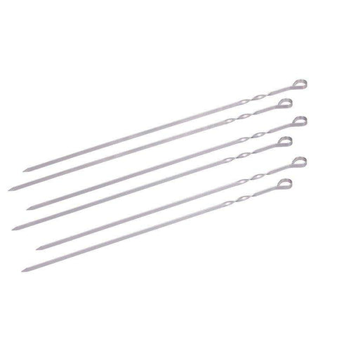 Set of 7 stainless steel skewers from the Monolith Rotisserie Skewer Set for Classic grills, ideal for grilling meat, vegetables, and kebabs.