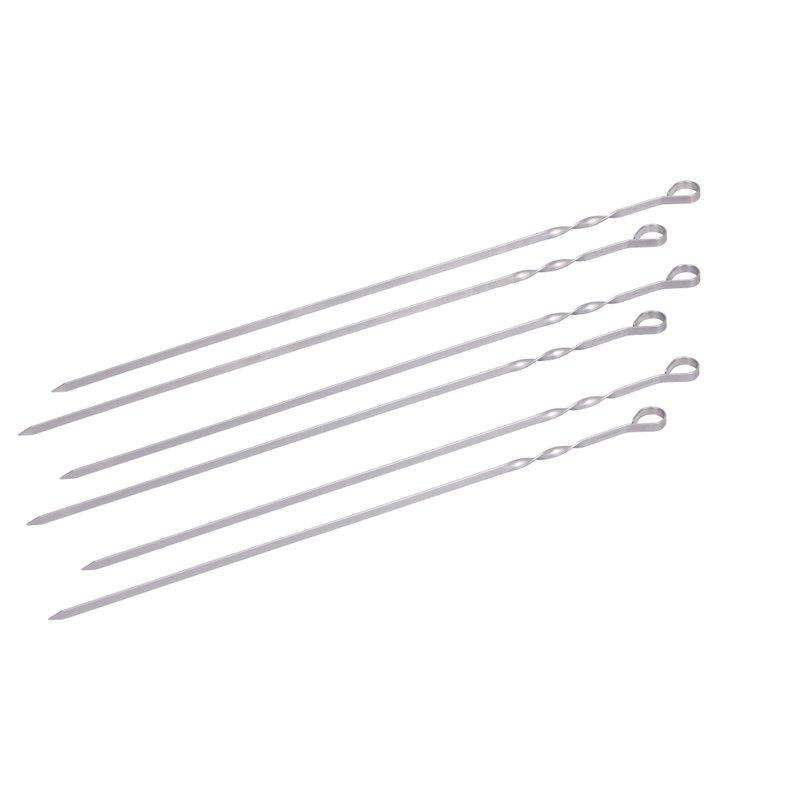 Set of 7 stainless steel skewers from the Monolith Rotisserie Skewer Set for Classic grills, ideal for grilling meat, vegetables, and kebabs.