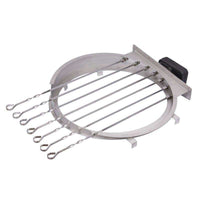 Top view of Monolith Rotisserie Skewer Set showing 7 skewers evenly spaced on a motorized ring for uniform grilling on Classic kamado grills.