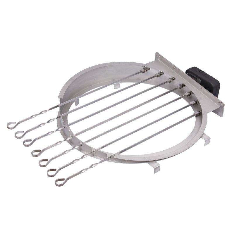 Top view of Monolith Rotisserie Skewer Set showing 7 skewers evenly spaced on a motorized ring for uniform grilling on Classic kamado grills.
