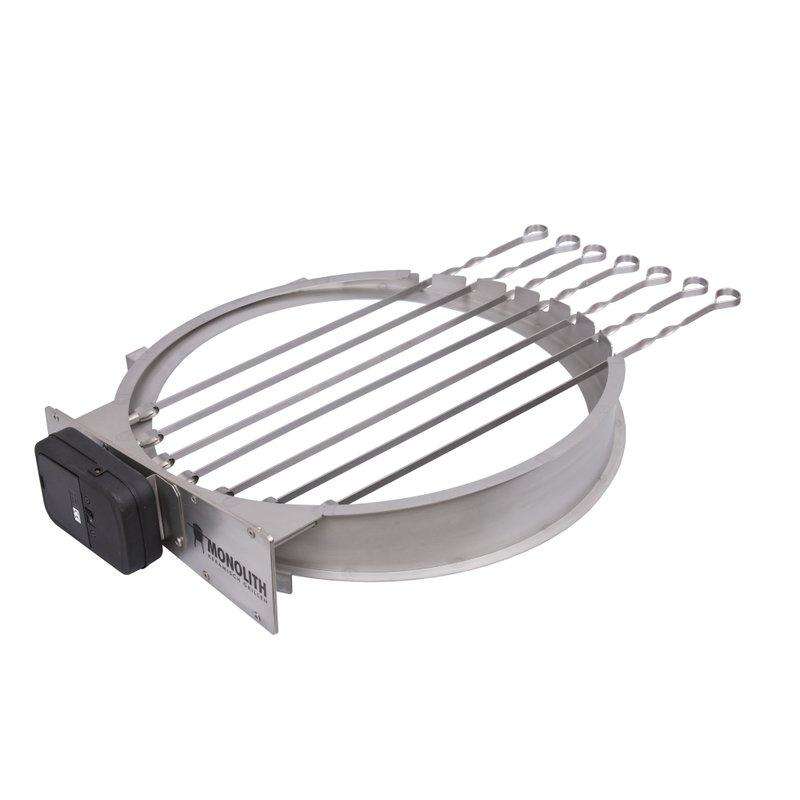 Monolith Rotisserie Skewer Set with 7 skewers mounted on a stainless steel ring and motor, designed for Classic kamado grills by FireFly Barbecue.