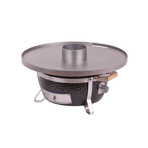Monolith Fire Plate - Junior and ICON mounted on ceramic grill, ideal for outdoor barbecue cooking with adjustable temperature control.