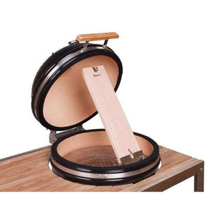 Reversible beechwood Monolith Fish Plank mounted inside ceramic grill, ready for vertical grilling of fish or meat.