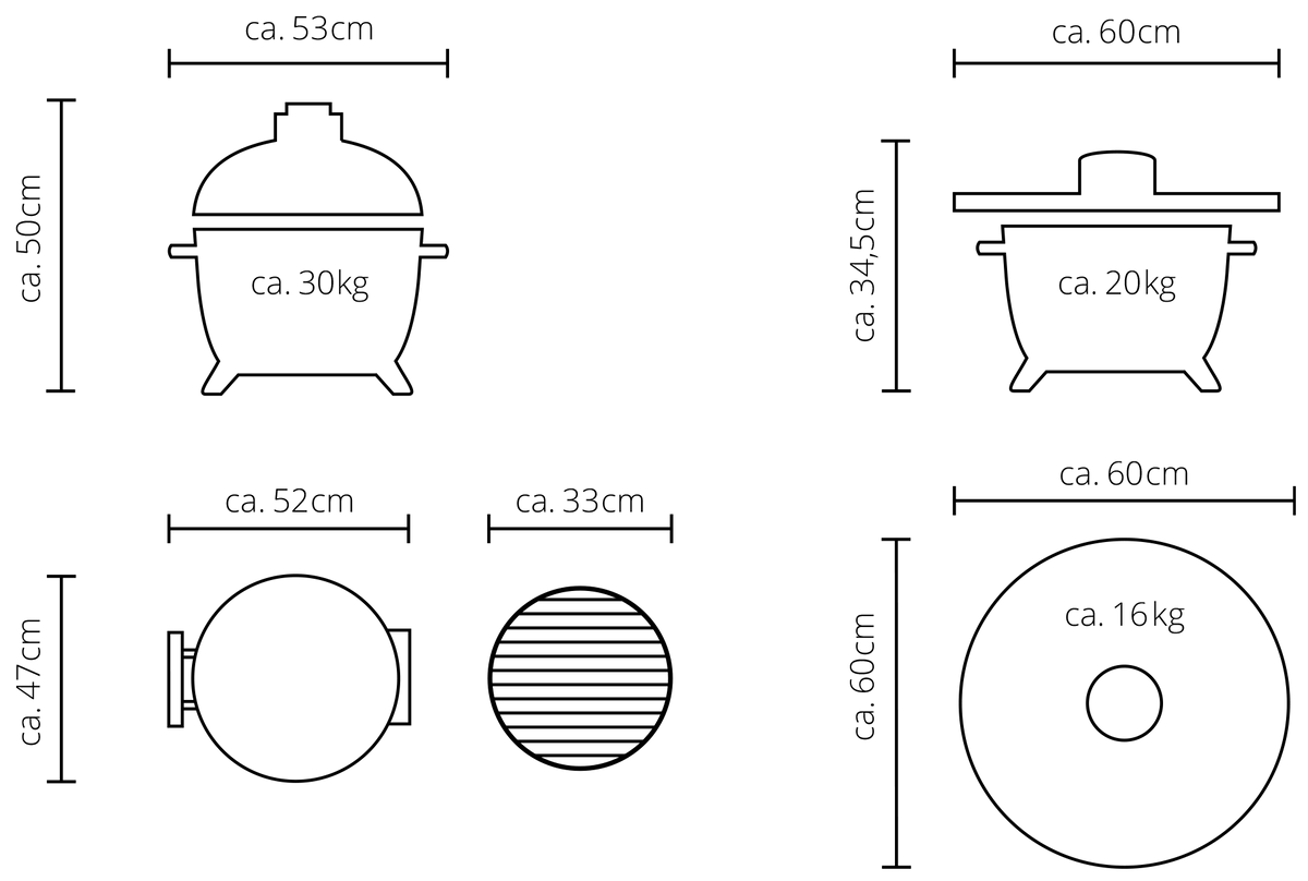 Technical diagram of MONOLITH Icon Kamado Grill with dimensions and weight specifications for compact and portable grilling setup.