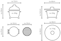 Technical diagram of MONOLITH Icon Kamado Grill with dimensions and weight specifications for compact and portable grilling setup.