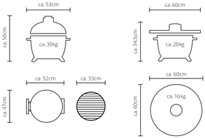 Technical diagram of MONOLITH Icon Kamado Grill with dimensions and weight specifications for compact and portable grilling setup.