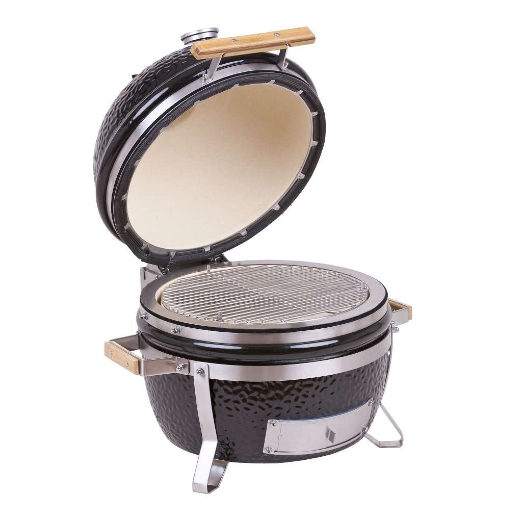 MONOLITH Icon Kamado Grill with open lid showing spacious cooking area and ceramic insulation for efficient heat retention.