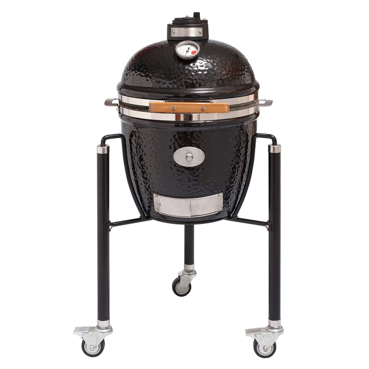 Close-up of Kamado grill lid with temperature gauge