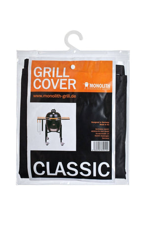 Packaging of Monolith grill cover, black outdoor grill cover with product info