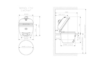 Technical blueprint of Monolith Le Chef Pro Series 2.0 Kamado Grill with detailed measurements for custom outdoor kitchen installations.