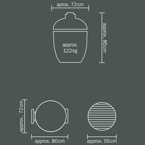 Technical dimensions of Monolith Le Chef Pro Series 2.0 Kamado Grill including height, width, and grill diameter for installation planning.