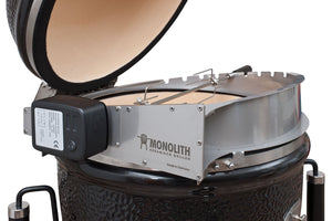 Close-up of Monolith LeChef Rotisserie motor and stainless steel ring mounted on kamado grill