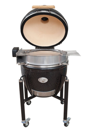 Monolith LeChef Rotisserie mounted on a kamado grill, showcasing full setup for outdoor barbecue roasting