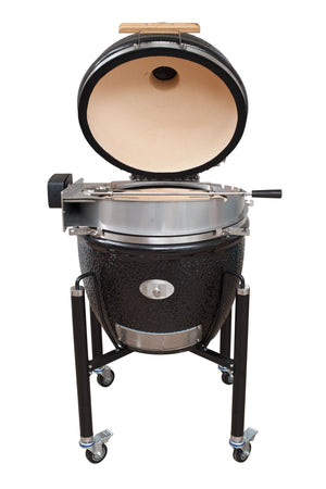 Front view of Monolith LeChef Rotisserie installed on kamado grill, ideal for whole chicken or gyro roasting