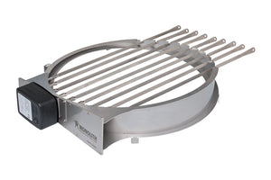 Monolith LeChef Rotisserie skewers mounted on rotisserie ring with motor, designed for even grilling on kamado-style ceramic grills.
