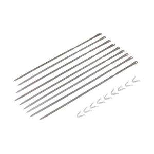 Monolith LeChef Rotisserie skewers set of 9 stainless steel skewers with hooks, ideal for grilling meat on ceramic grills.