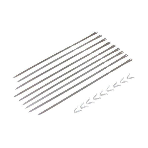 Monolith LeChef Rotisserie skewers set of 9 stainless steel skewers with hooks, ideal for grilling meat on ceramic grills.