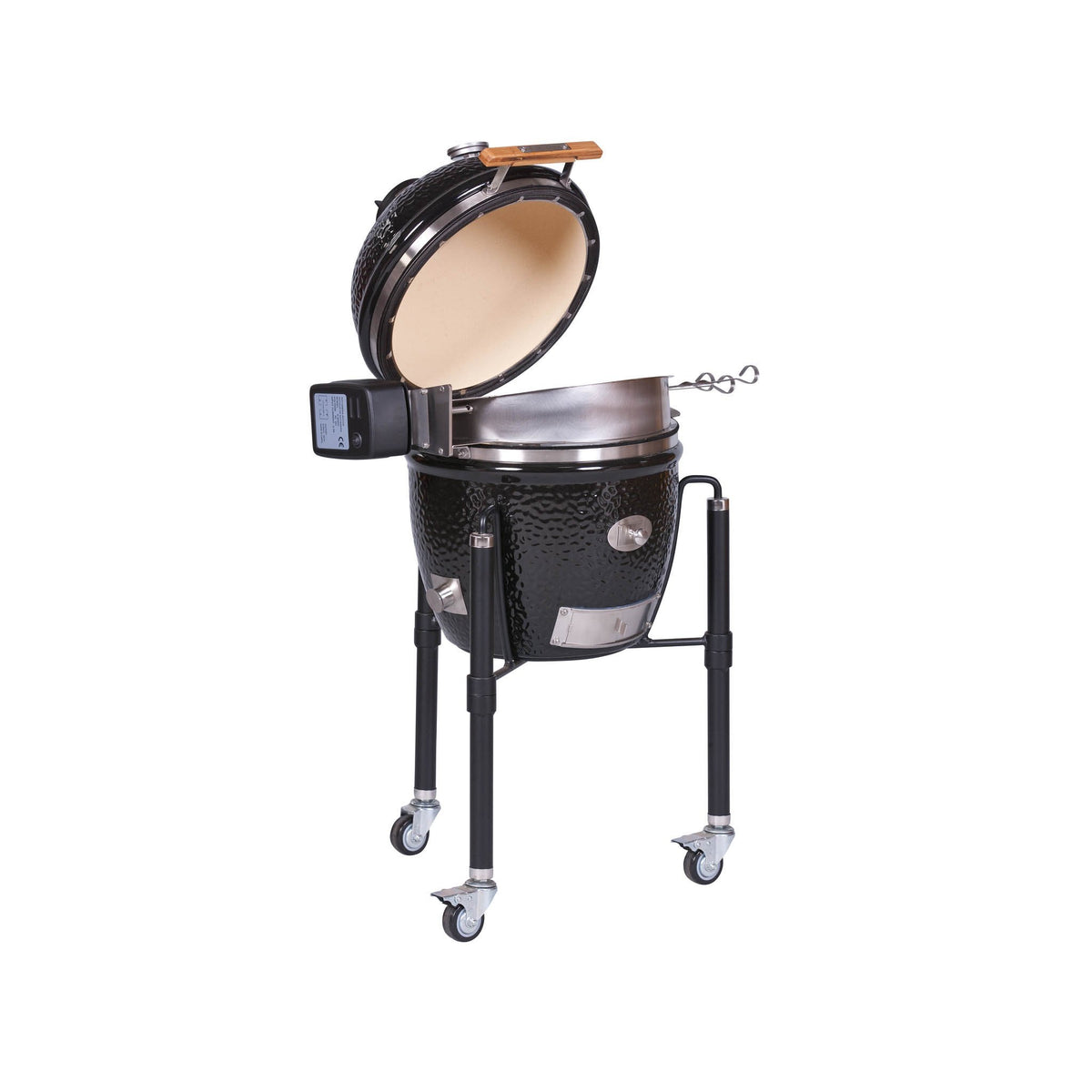Monolith Rotisserie ICON & Junior outdoor grill with lid open and skewers