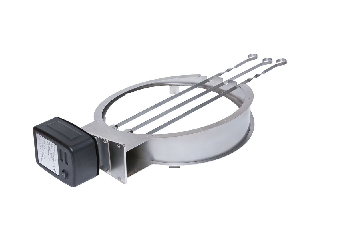 Stainless steel rotisserie with skewers and motor for outdoor grilling