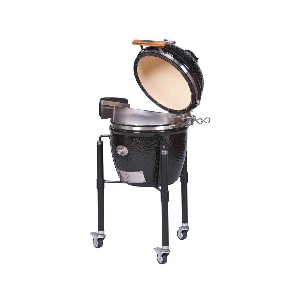 Black outdoor rotisserie with stand and wheels for mobility