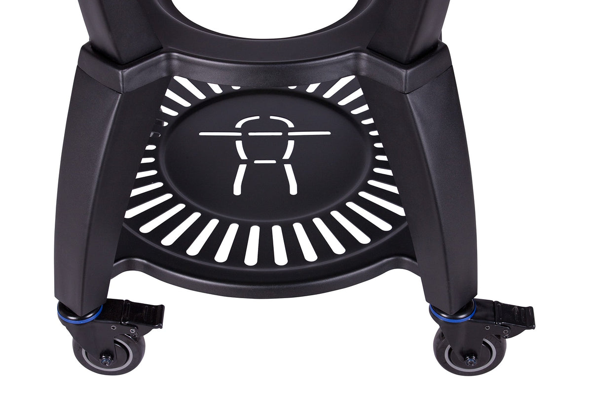 Detailed image of black grill cart with slotted shelf and caster wheels