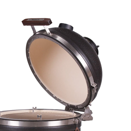 Close-up of AVANTGARDE ceramic grill lid with wooden handle for Monolith