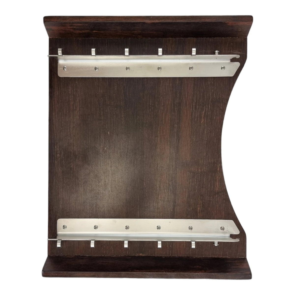 Dark wood side table with metal support bracket
