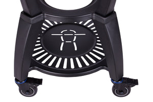 Close-up of AVANTGARDE LeCHEF cart nest base with Monolith logo and ventilated shelf, designed for outdoor grill accessory storage.