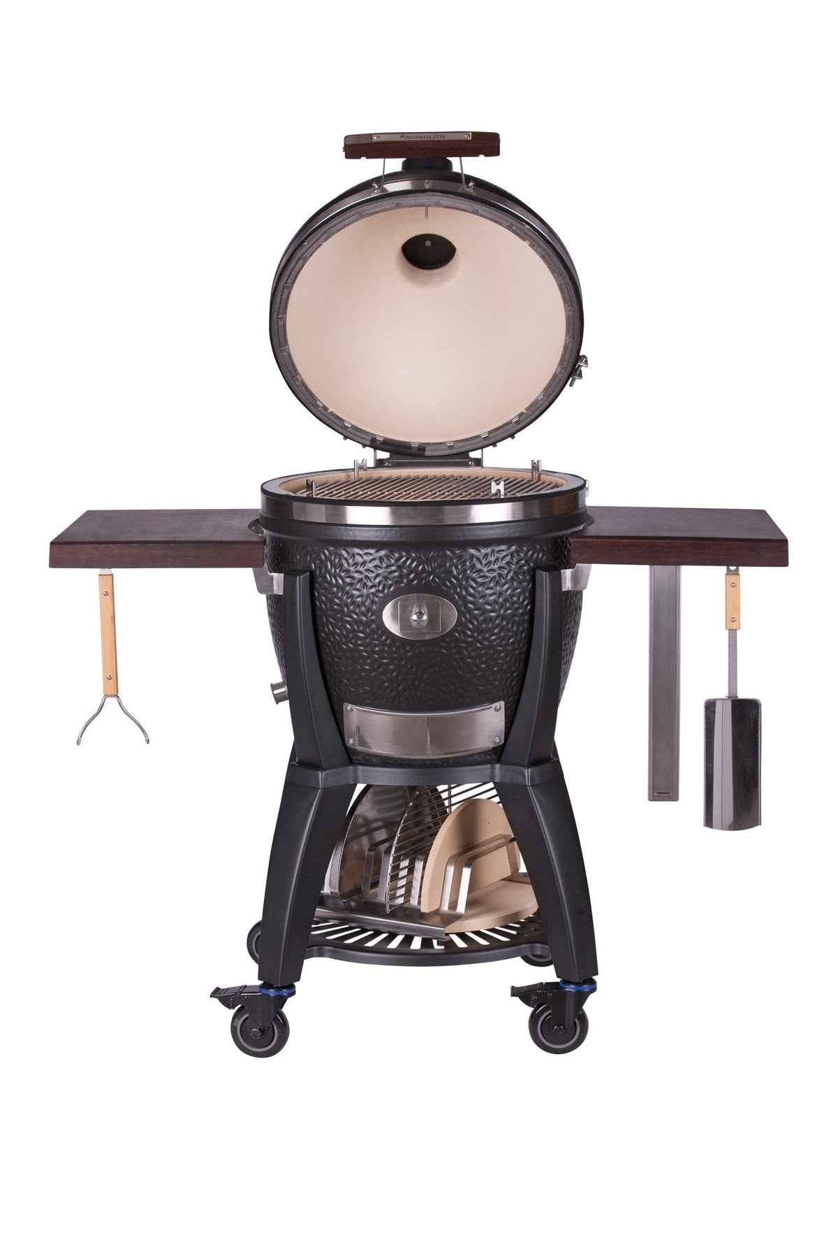 Top view of Monolith AVANTGARDE .55 ceramic kamado grill with open lid and grilling surface