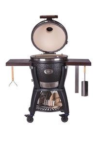 Top view of Monolith AVANTGARDE .55 ceramic kamado grill with open lid and grilling surface