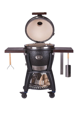 Avantguard Classic - FireFly Barbecue Monolith Avantgarde grill with open lid and side shelves, showcasing spacious ceramic interior.