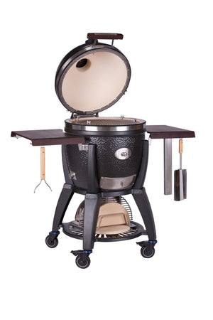 Avantguard Classic - FireFly Barbecue Monolith Avantgarde grill with open lid, ceramic interior, and wheeled base for mobility.