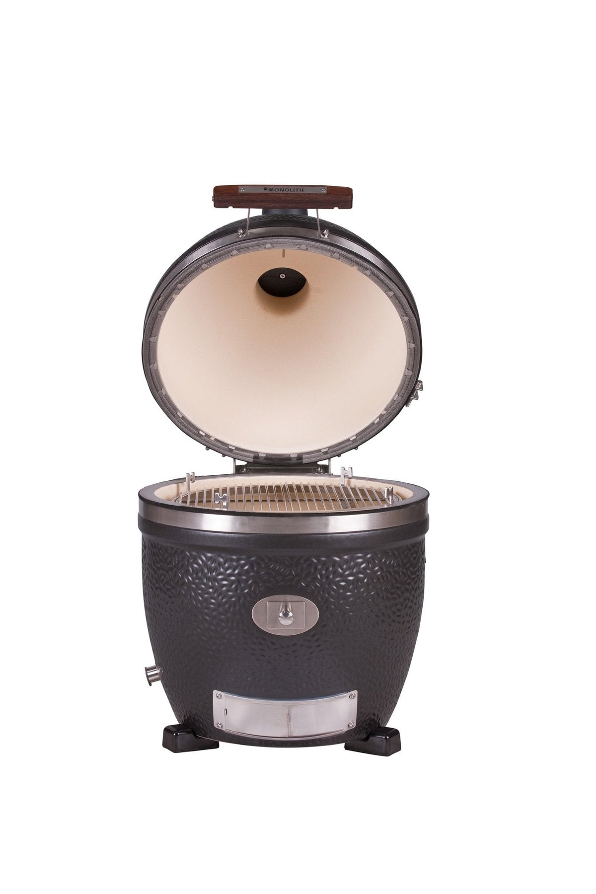 Front view of Monolith Avantgarde Kamado Grill with textured exterior and stainless steel accents