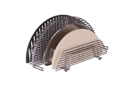 Close-up of metal and wood BBQ utensil organizer on outdoor table