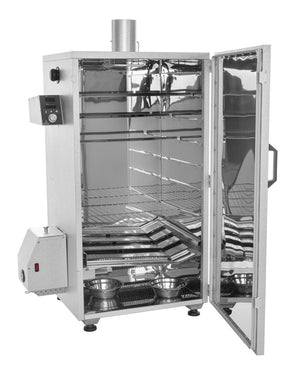 Interior of Borniak 150L Digital Smoker with multiple chrome racks and stainless steel finish, designed for high-volume hot smoking.