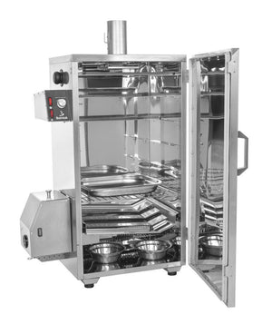 Interior view of Borniak Digital Smoker 70L showing stainless steel racks and trays. Spacious design for efficient food smoking at home.