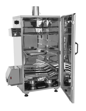 Interior view of Borniak BBQ Smoker 150L Stainless Steel showing multiple racks and spacious 150L cooking chamber.