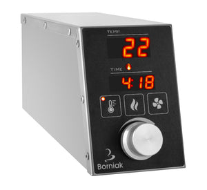 Close-up of Borniak BBQ Smoker digital control unit with temperature and timer display for precise electric smoking control.
