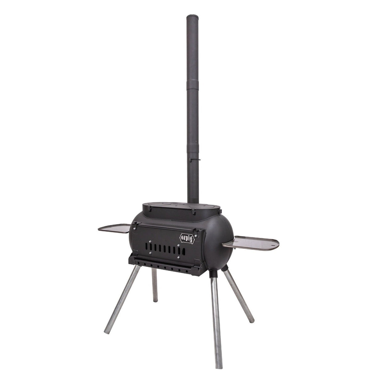 Ozpig Big Pig outdoor stove with chimney and fold-out side shelves, ideal for camping or backyard cooking setups.