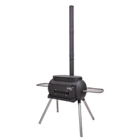 Ozpig Big Pig outdoor stove with chimney and fold-out side shelves, ideal for camping or backyard cooking setups.