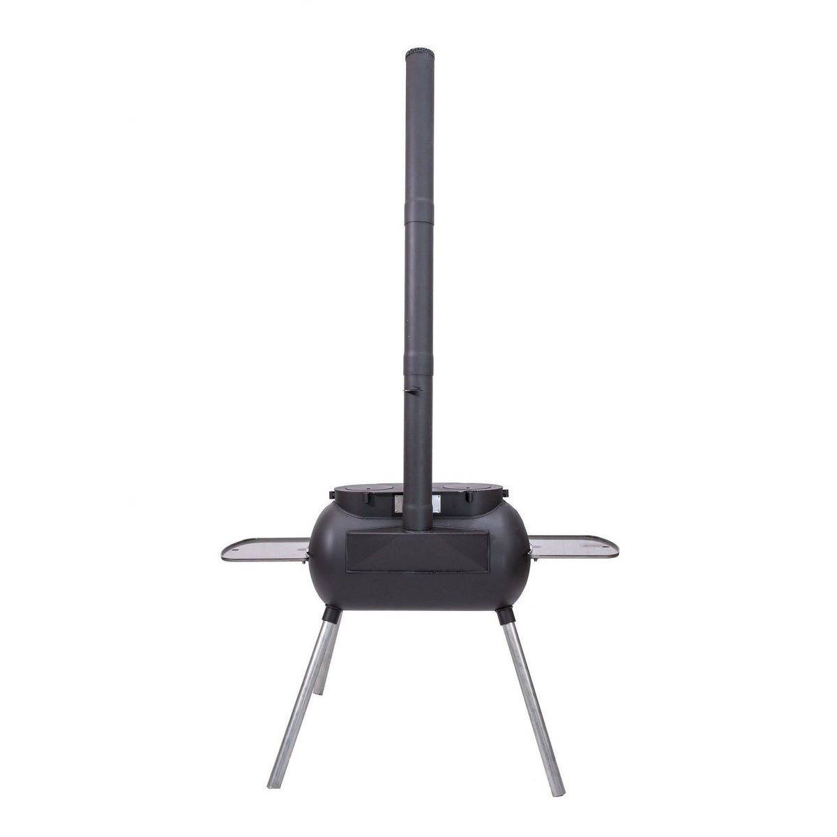 Rear view of Ozpig Big Pig BBQ stove showing chimney and compact design, perfect for outdoor grilling and heating.