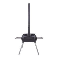 Rear view of Ozpig Big Pig BBQ stove showing chimney and compact design, perfect for outdoor grilling and heating.