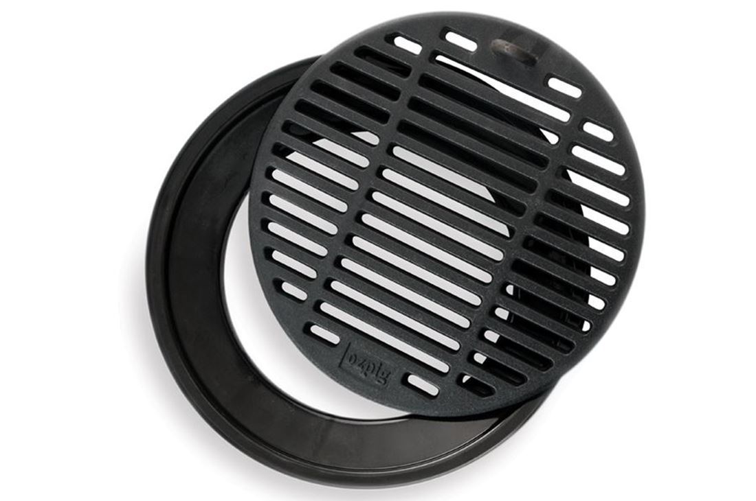 Ozpig Chargrill and Drip Tray - FireFly Barbecue set featuring durable cast iron grate and black drip tray for outdoor grilling and fat control.