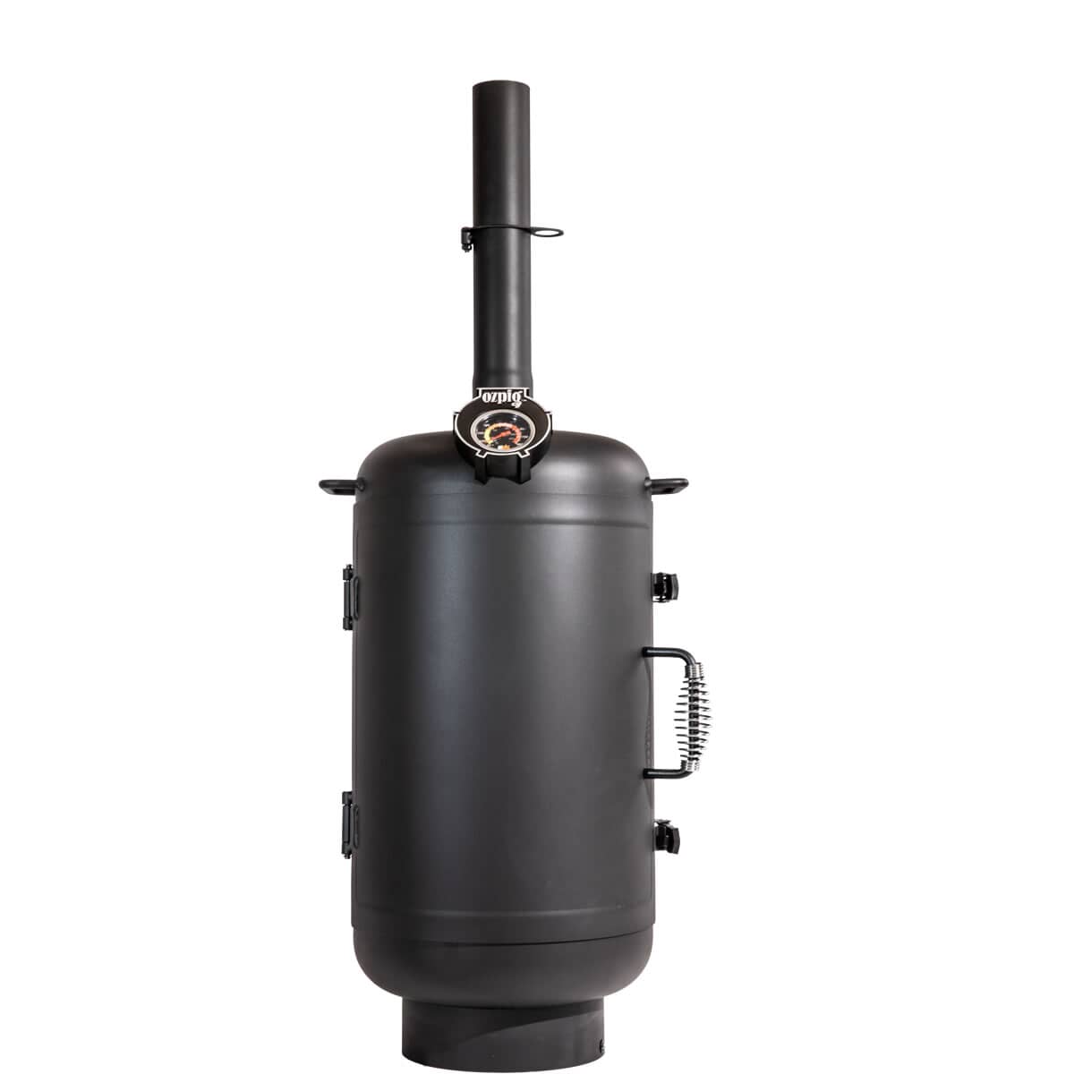 Closed OzPig Oven Smoker with chimney and side handles. Sleek design for outdoor cooking, smoking, and roasting versatility.