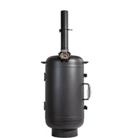Closed OzPig Oven Smoker with chimney and side handles. Sleek design for outdoor cooking, smoking, and roasting versatility.