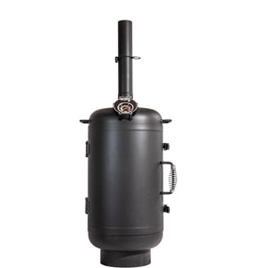 Closed OzPig Oven Smoker with chimney and side handles. Sleek design for outdoor cooking, smoking, and roasting versatility.