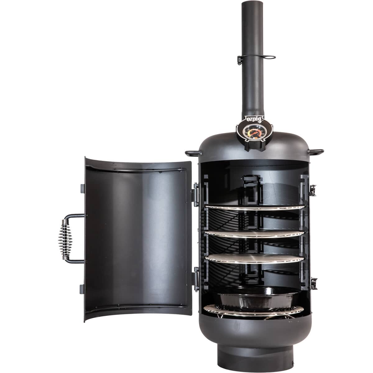 OzPig Oven Smoker with open door showing multiple adjustable cooking racks for versatile outdoor grilling and smoking. Ideal for BBQ and roasting.