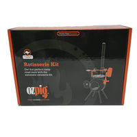 Retail packaging of Ozpig Rotisserie Kit - FireFly Barbecue showing product image and branding for outdoor cooking accessories.